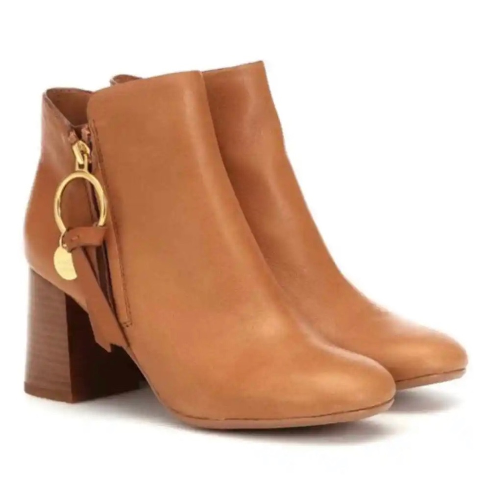 SEE BY CHLOE Women's Louise High Block Heel Leather Brown Booties Sz 38 NEW
